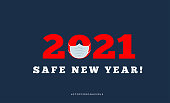 Happy new year 2021 with medical mask. Vector illsutration on dark blue