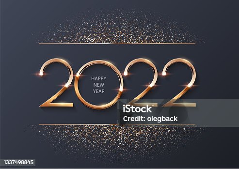 istock Happy new year 2022 background. Gold shining in light with sparkles celebration. Greeting festive card vector illustration. Merry Christmas holiday modern poster or wallpaper design 1337498845