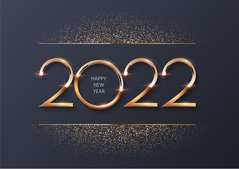 Happy new year 2022 background. Gold shining in light with sparkles celebration. Greeting festive card vector illustration. Merry Christmas holiday modern poster or wallpaper design