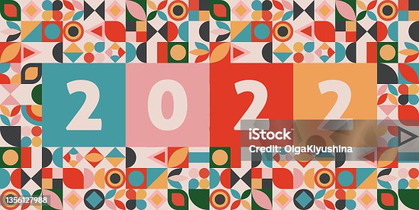 istock Happy new year 2022 banner in abstract geometric shape design. 2022 lettering in colorful cubisme art. Trendy bauhaus 2022 typography. Happy new year card in memphis style. Vector illustration 1356127988