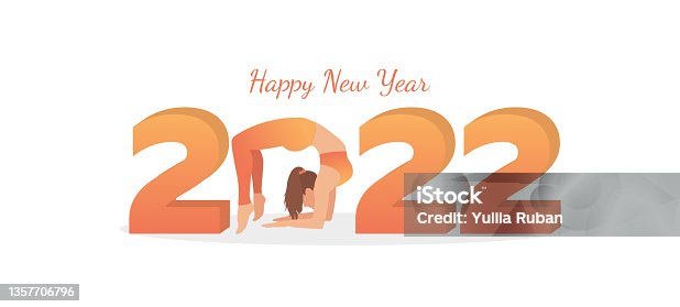 istock Happy New Year 2022 banner with a yoga pose. Banner design template for New Year 2022. Yoga Concept. Vector illustration. 1357706796