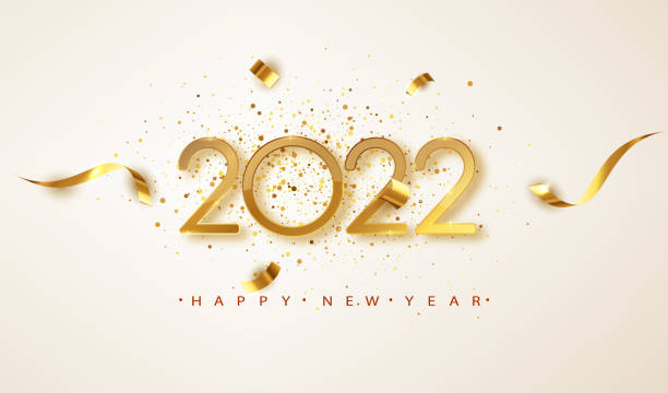 happy new year 2022. golden numbers with ribbons and confetti on a white background. banner for christmas and winter holiday headers, party flyers - happy new year stock illustrations