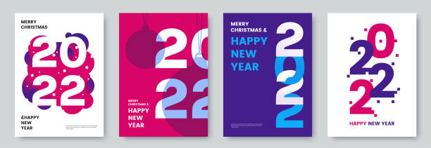 Happy New Year 2022 greeting card collection. Posters template with minimalistic graphics and typography. Creative concept for banner, flyer, branding, cover, social media. Vector illustration. vector art illustration