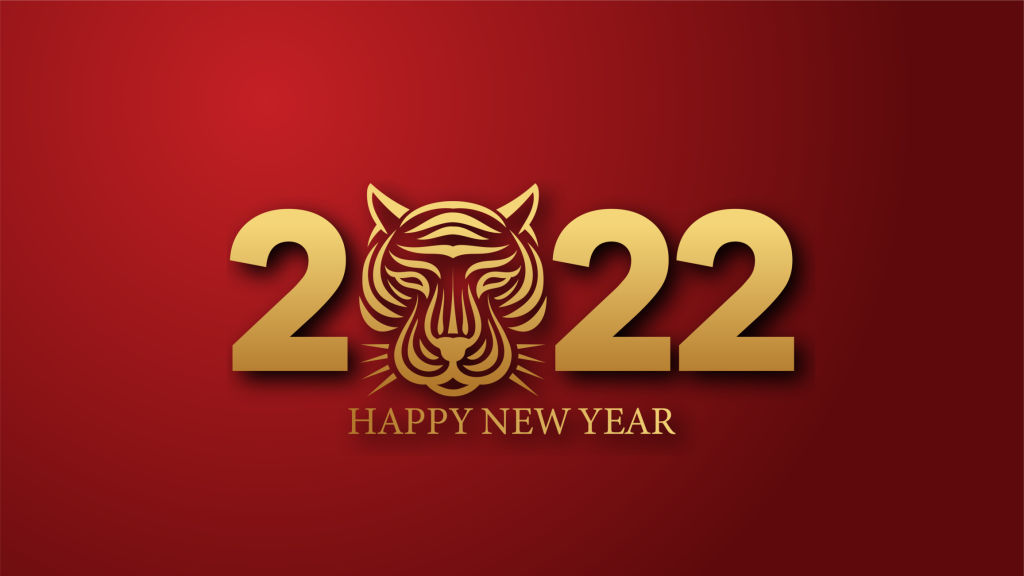 새해 복 많은 2022 벡터. 황금 2022 호랑이 머리와 텍스트. 행복한 중국 새해. 호랑이 조디악의 해. 인사, 초대장, 배너 또는 배경에 적합한 2022 디자인.