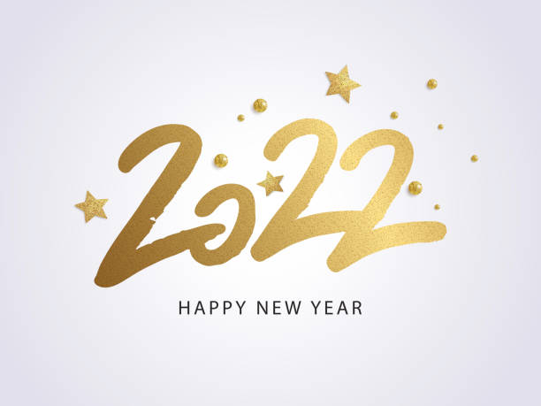 Happy New Year 2022. Vector holiday illustration with 2022 logo text Happy New Year 2022. Vector holiday illustration with 2022 logo text design, sparkling confetti and shining golden stars on white background. new year stock illustrations