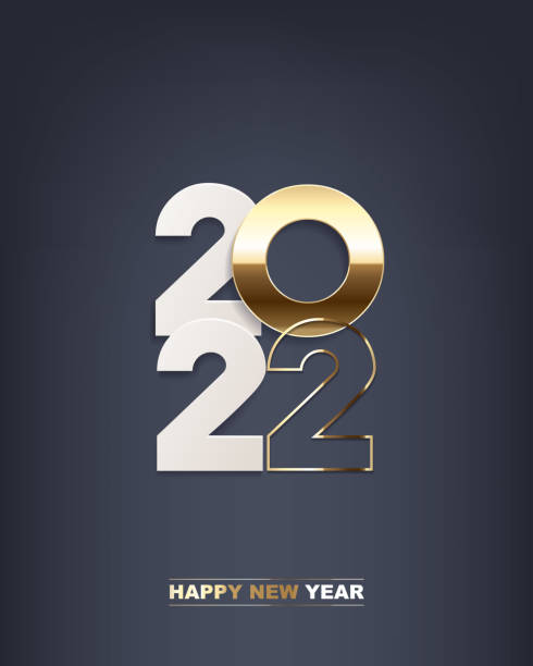 Happy New Year 2022 Happy new year 2022. White paper numbers and golden numbers on dark blue background. Holiday greeting card design. 2022 stock illustrations