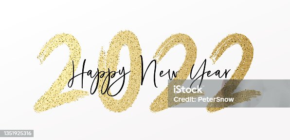 istock Happy New Year 2022 with calligraphic and brush painted with sparkles and glitter text effect. Vector illustration background for new year's eve and new year resolutions and happy wishes 1351925316