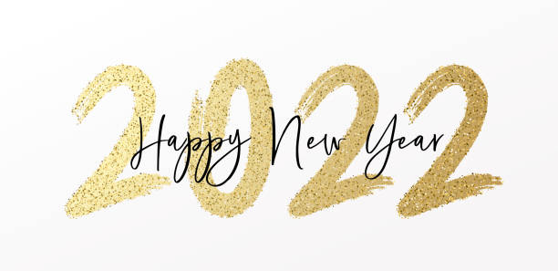 illustrations, cliparts, dessins animés et icônes de bonne année 2022 avec calligraphie et pinceau peint avec des étincelles et un effet de texte scintillant. arrière-plan d’illustration vectorielle pour les résolutions du réveillon du nouvel an et du nouvel an et les vœux heureux - happy new year