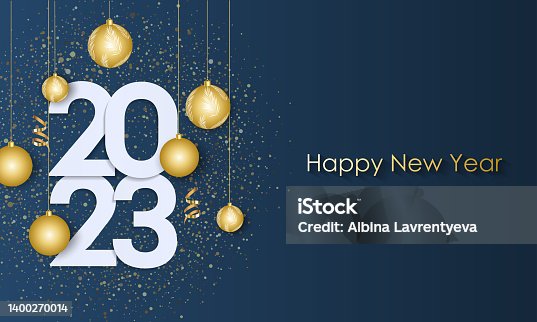 istock Happy New Year 2023. Holiday greeting banner with balloons and the inscription 1400270014