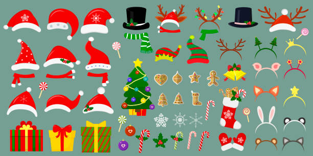 新年和耶誕節快樂。頭上有一套大聖誕老人的帽子和其他帽子。超過60個聖誕用品為您的設計。向量 - 帽子 幅插畫檔、美工圖案、卡通及圖標