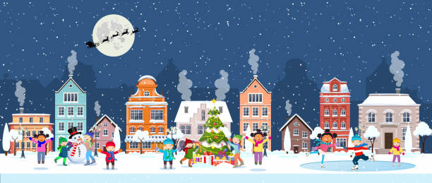 happy new year and merry Christmas happy new year and merry Christmas winter old town street. christmas town city panorama. Santa Claus with deers in sky above the city. Vector illustration in flat style christmas lights house stock illustrations