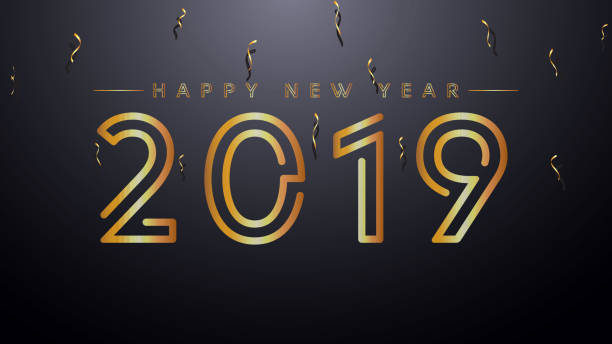 2019 Happy New Year Background with Golden Text and Confetti. Gold and Black Colors. vector art illustration