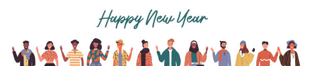 Happy new year banner of diverse culture people Happy New Year web banner illustration of diverse international people characters from worldwide cultures for holiday seasons greetings. new years eve girl stock illustrations