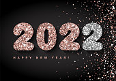 2022 Happy New Year banner with Rose gold and Silver Numbers on black background with spraying confetti. Vector illustration. All isolated and layered