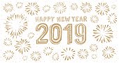 Hand-drawn 2019 happy new year card with fireworks background if you have Adobe Illustrator or other vector software. All shapes are vector