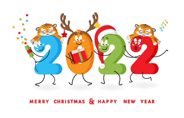 2022 Happy New Year card_ tiger hat on number 2022 Happy New Year, Merry Christmas greeting vector banner.  Cheerful smiling cartoon numbers in Santa and tiger hats, deer horns celebrate holiday, singing,  use flapper, dancing, bring gift box christmas music background stock illustrations