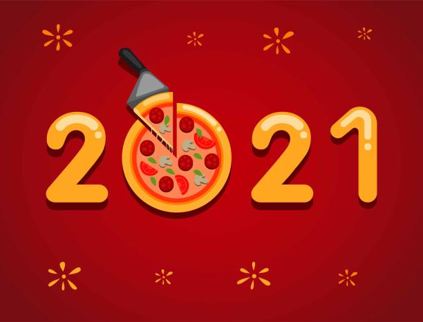 2021 happy new year celebration with pizza pan concept in cartoon illustration vector 2021 happy new year celebration with pizza pan concept in cartoon illustration vector holiday promotional ideas for restaurants stock illustrations