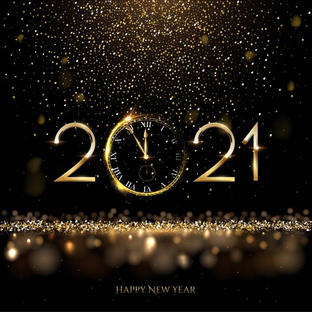 Happy new year clock countdown background. Gold glitter shining in light with sparkles abstract celebration. Greeting festive card vector illustration. Merry holiday poster or wallpaper design Happy new year clock countdown background. Gold glitter shining in light with sparkles abstract celebration. Greeting festive card vector illustration. Merry holiday poster or wallpaper design. 2021 stock illustrations