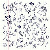Happy new year doodle set. School notebook. Vector illustration.