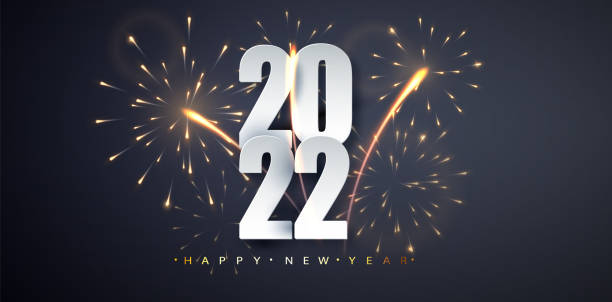 2022 Happy new year. Elegant numbers against background of flickering fireworks. Happy New Year banner for greeting card, calendar. 2022 Happy new year. Elegant numbers against background of flickering fireworks. Happy New Year banner for greeting card, calendar new years day stock illustrations