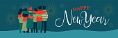 Happy New Year web banner illustration of young people friend group hugging together with fireworks in night sky. Diverse culture friends team celebrating.