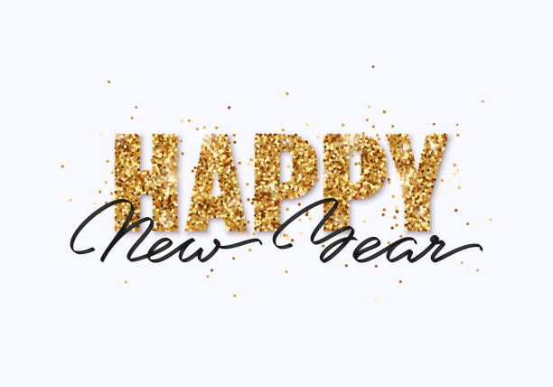 Happy New Year gold glitter design for greeting card, festive poster, website header. Christmas lettering with shining sparkling confetti. Happy New Year gold glitter design for greeting card, festive poster, website header. Christmas lettering with shining sparkling confetti. happy new year stock illustrations