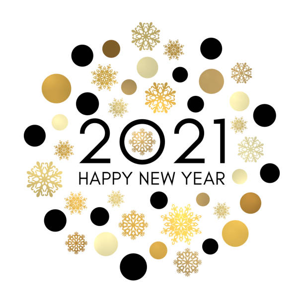 2021 Happy New Year greeting card design. Black celebration text in frame of gold circles and snowflakes. Holiday golden decoration on white background for flyer banner poster calendar. Bright vector. 2021 Happy New Year greeting card design. Black celebration text in frame of gold circles and snowflakes. Holiday golden decoration on white background for flyer banner poster calendar. Bright vector. new years day stock illustrations