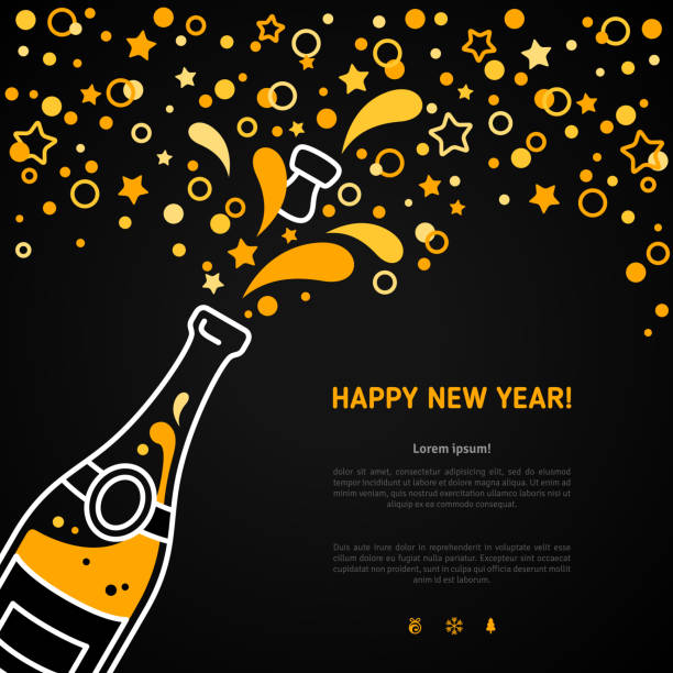 Happy New Year greeting card with champagne explosion bottle Happy New Year 2016 greeting card or poster design with minimalistic line flat champagne explosion bottle and place for your text message. Vector illustration. Stars and particles foam splash. happy new year card 2016 stock illustrations