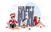 Happy New Year greeting card with family in similar clothes. Volumetric words, christmas balls, ribbons. Vector illustration for poster, banner, card, cover, postcard.