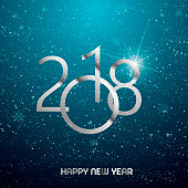 Happy New Year greeting card with shining silver text and snow on blue background. 2018 Vector.