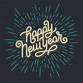 Happy New Year Lettering with burst rays. Holiday Vector Illustration. Lettering Composition And Light Sunburst