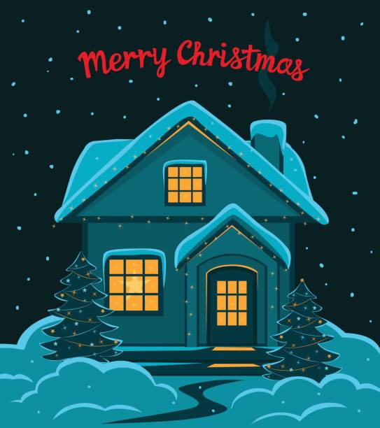 Happy New Year, Merry Christmas Eve and Night seasonal winter greeting card with decorated with led lights house in snow and pine trees  christmas lights house stock illustrations