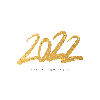 2022 Happy New Year. Vector golden text with gold glitter texture. Handwritten calligraphic print.