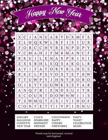 Happy New Year word search puzzle.16 Winter holiday themed words to find.
