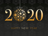 Happy New Year's 2020 Black Background. Winter holiday greeting card design template.