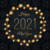2021 - Happy New Year's Day card with Lights Wreath. Black background. Stock illustration