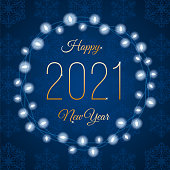 2021 - Happy New Year's Day card with Lights Wreath. Blue background. Stock illustration