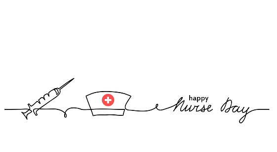 Happy Nurse Day simple vector background with syringe, nurse cap or hat. Minimalist web banner. Nurse day lettering. One continuous line drawing