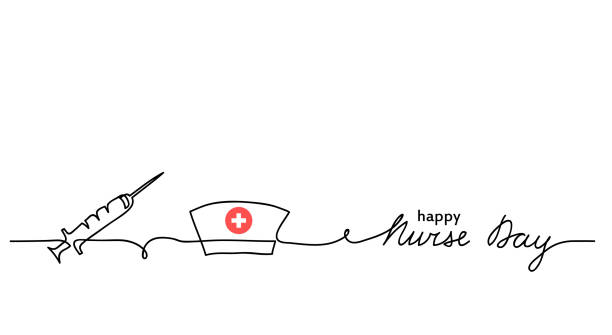 Happy Nurse Day simple vector background with syringe, nurse cap or hat. Minimalist web banner. Nurse day lettering. One continuous line drawing Happy Nurse Day simple vector background with syringe, nurse cap or hat. Minimalist web banner. Nurse day lettering. One continuous line drawing. nurse drawings stock illustrations