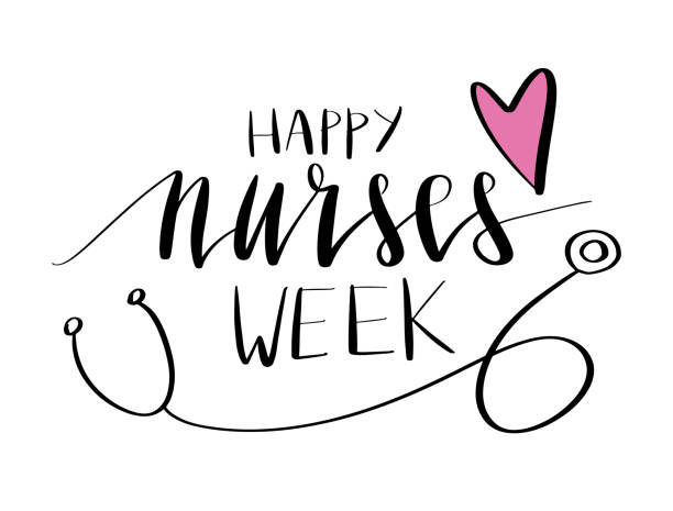 해피 간호사 주간 아름다운 자필 브러시 글자 벡터 일러스트 문구와 하트 장식은 흰색에 고립 되어 있습니다. - nurse stock illustrations