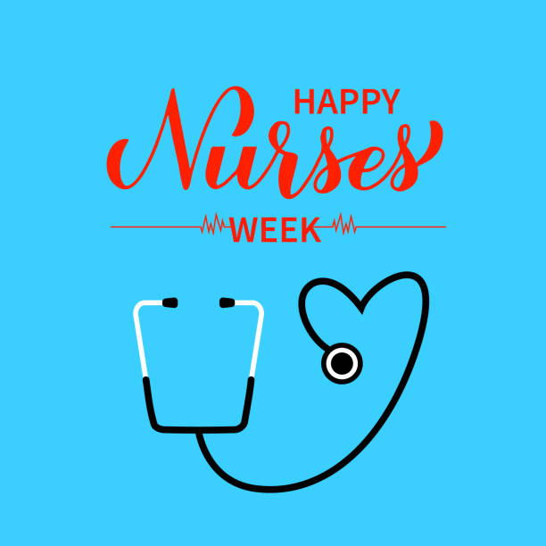 Happy Nurses Week calligraphy hand lettering with stethoscope on blue background. Easy to edit vector template for typography poster, banner, greeting card, flyer, etc Happy Nurses Week calligraphy hand lettering with stethoscope on blue background. Easy to edit vector template for typography poster, banner, greeting card, flyer, etc. week stock illustrations