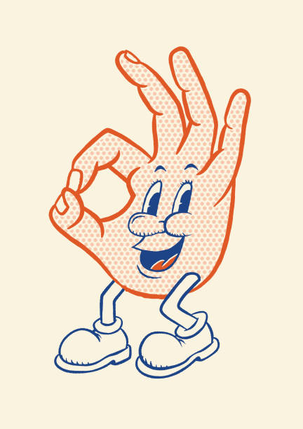 Happy Ok hand happy hand saying ok in cartoon style old fashioned illustrations stock illustrations