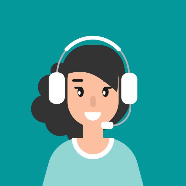 Happy operator girl with computer, headphones and microphone. Happy female operator with headphones and microphone on blue background. flat vector illustration isolated on white. girl with headset. consulting, job online, internet. Call center. help line. mary mara stock illustrations
