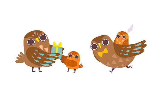 Happy Owl Family with Mother Giving Baby Gift Box and Father Playing with Its Owlet Vector Set