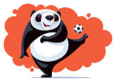 vector illustration of happy panda kicking soccer ball