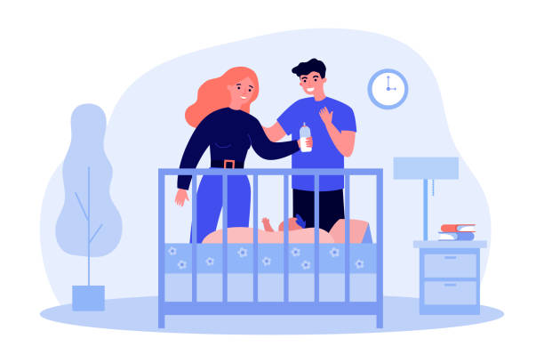 ilustrações de stock, clip art, desenhos animados e ícones de happy parents looking at baby in cot - sleeping couple