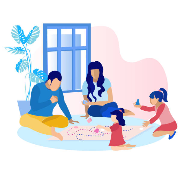 Happy Parents with Children Playing Game at Home Parents with Children Playing Game at Home. Flat Cartoon Mother, Father and Two Daughter Different Ages Spending Time Together in Living Room. Happy Parenthood and Childhood. Vector Illustration family stock illustrations