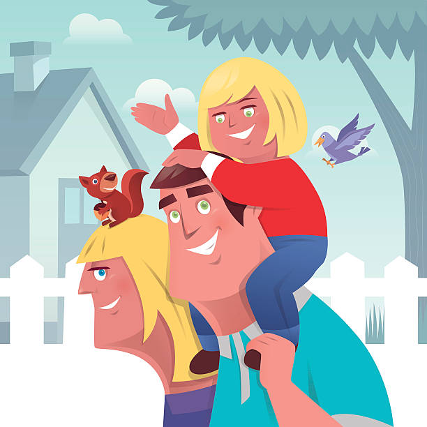 stockillustraties, clipart, cartoons en iconen met happy parents with daughter - piggyback funny
