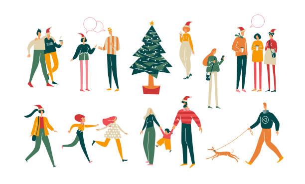 stockillustraties, clipart, cartoons en iconen met gelukkige mensen vieren kerst vakantie. vector illustratie geïsoleerd op wit - vrouw kerstboom versieren