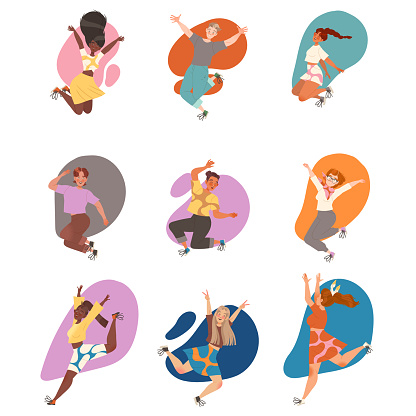 Happy People Character Jumping with Joy Feeling Excitement Vector Set. Young Man and Woman Celebrating Victory and Success Rejoicing and Cheering Concept
